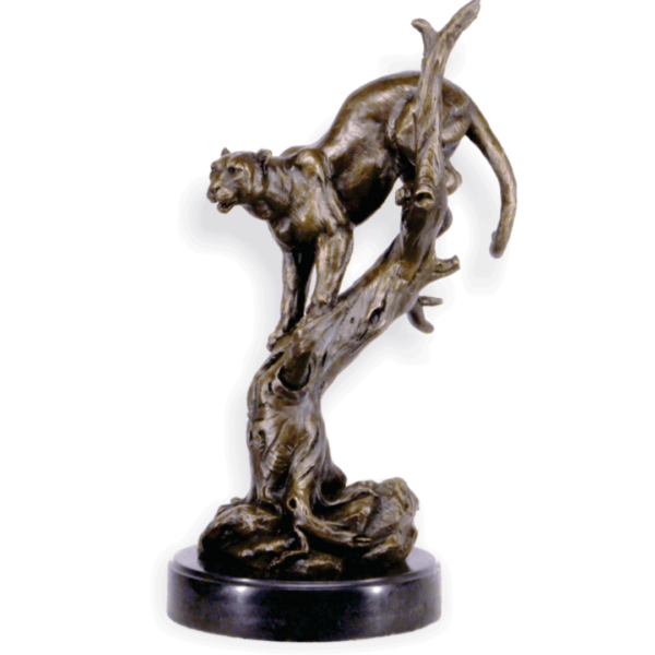 Leopard in tree bronze sculpture on marble base